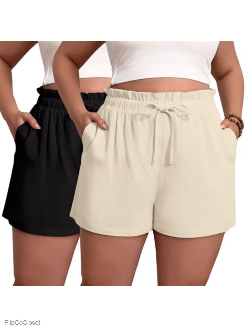 2 Pack Women's Linen Shorts Plus Size High Waist Drawstring Wide Leg Casual